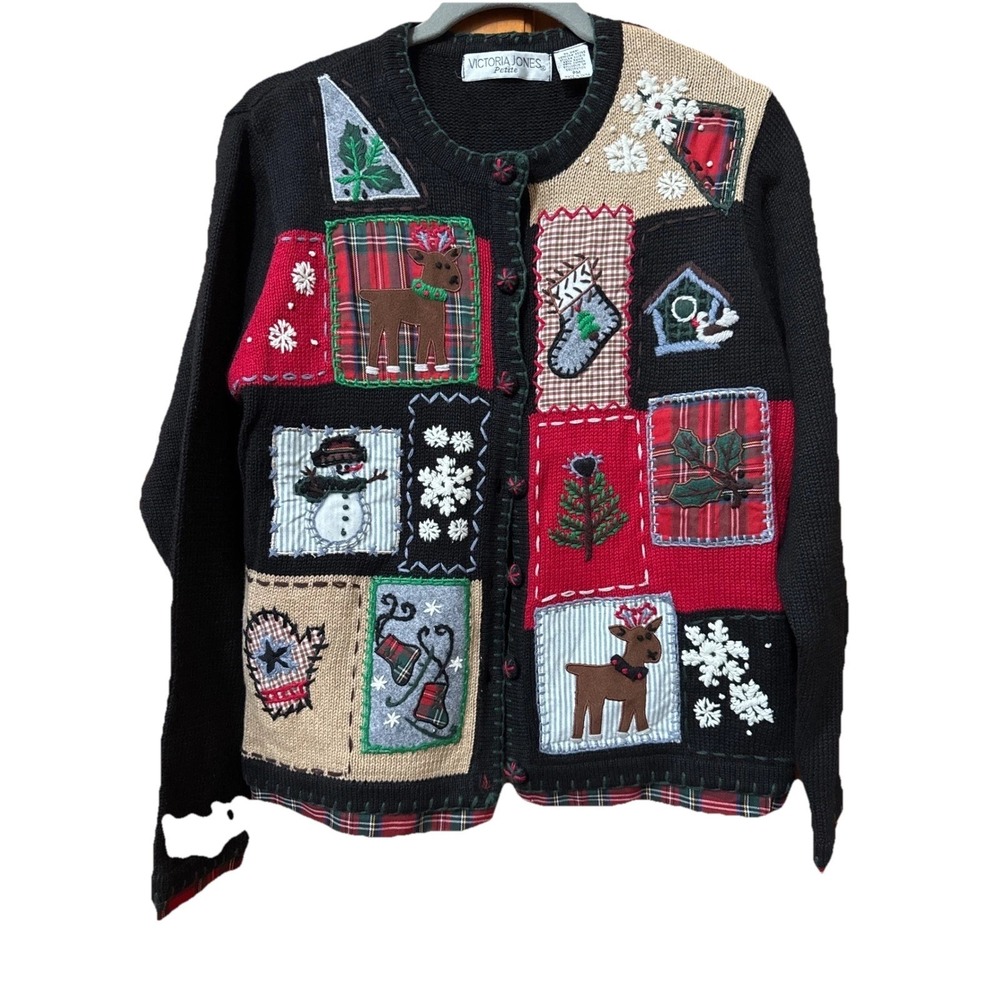 Victoria Jones Petite Med Christmas Cardigan Sweater Black Patchwork Reindeer‎